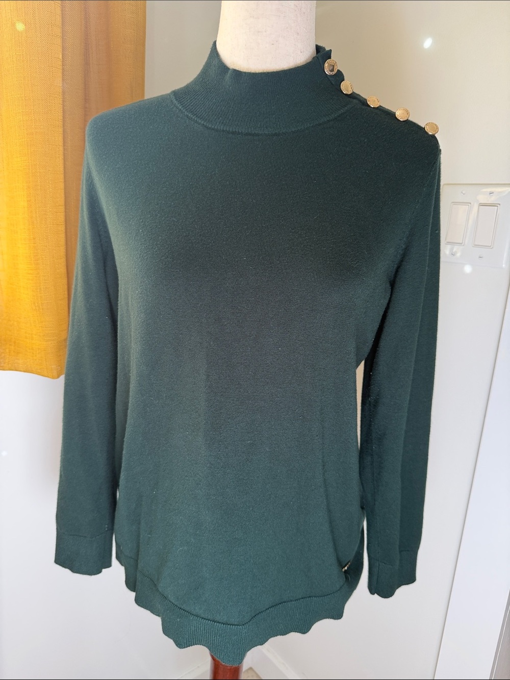 Calvin Klein Dark Green Mock Neck Sweater with Gold Buttons